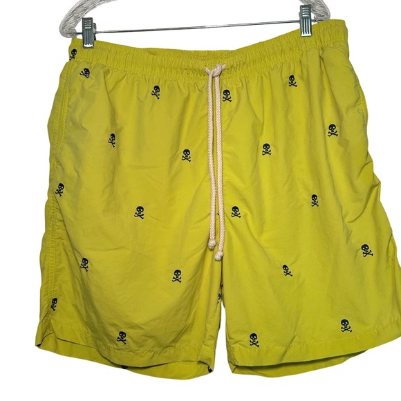 J. McLaughlin yellow swim shorts men's xl blue skull cross bone summer resort - Picture 1 of 7